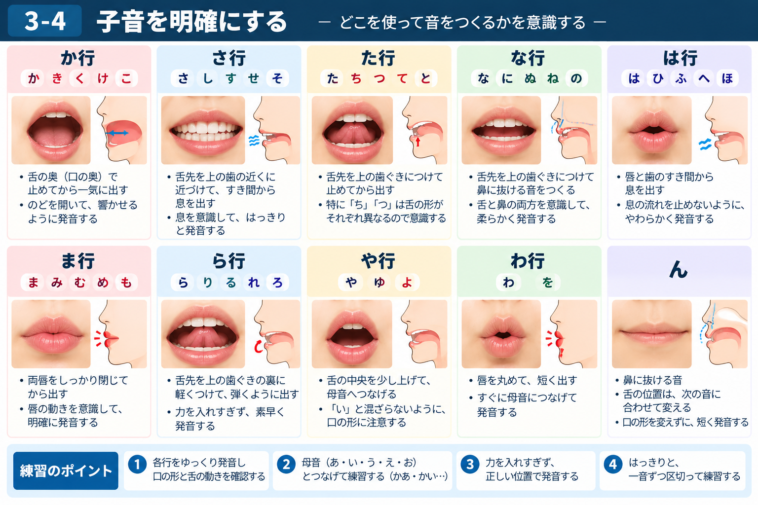 日本語の各行でどこを使って子音をつくるかを示す図説