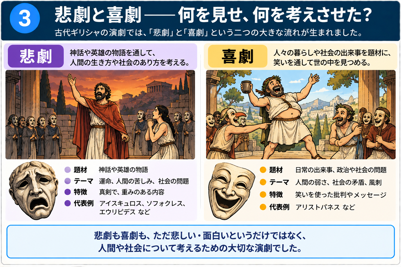 古代ギリシャの悲劇と喜劇を比較する図解