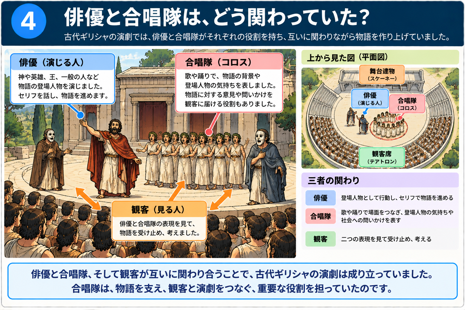 古代ギリシャ演劇における俳優と合唱隊の関係を示す図解