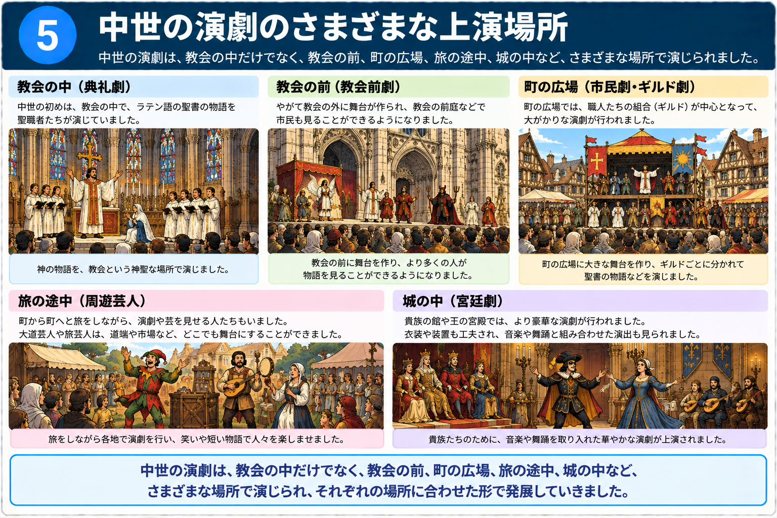 中世演劇が行われたさまざまな上演場所を示す図解