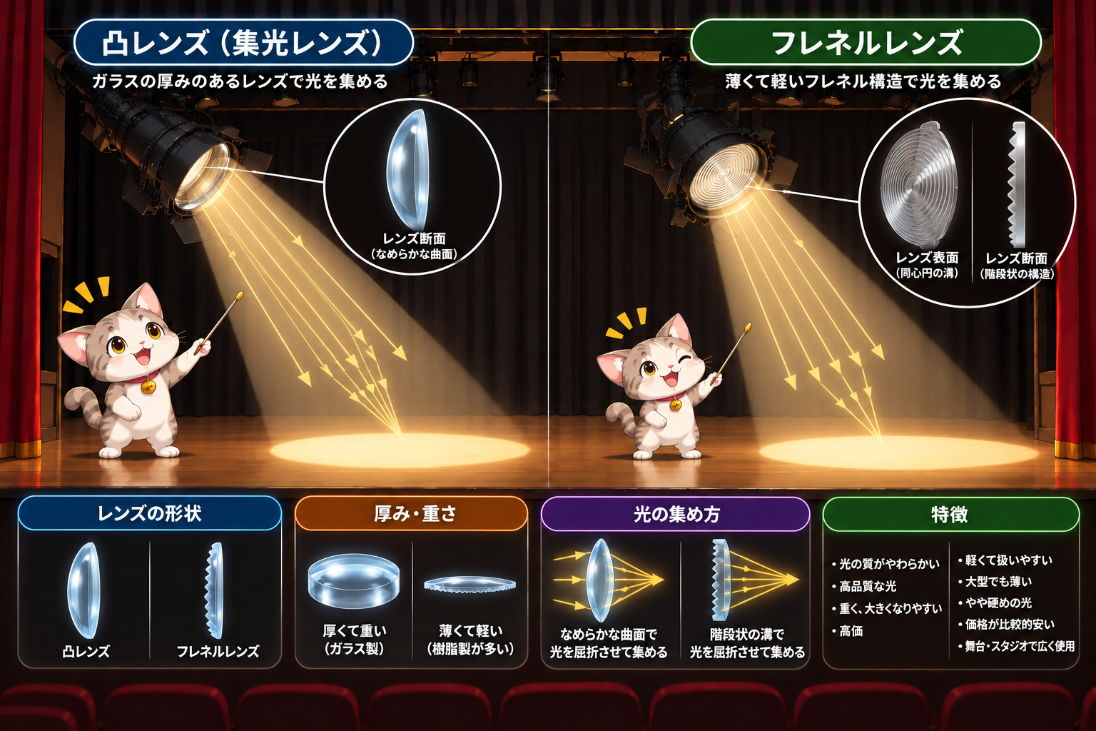 凸レンズとフレネルレンズの構造を比較する図
