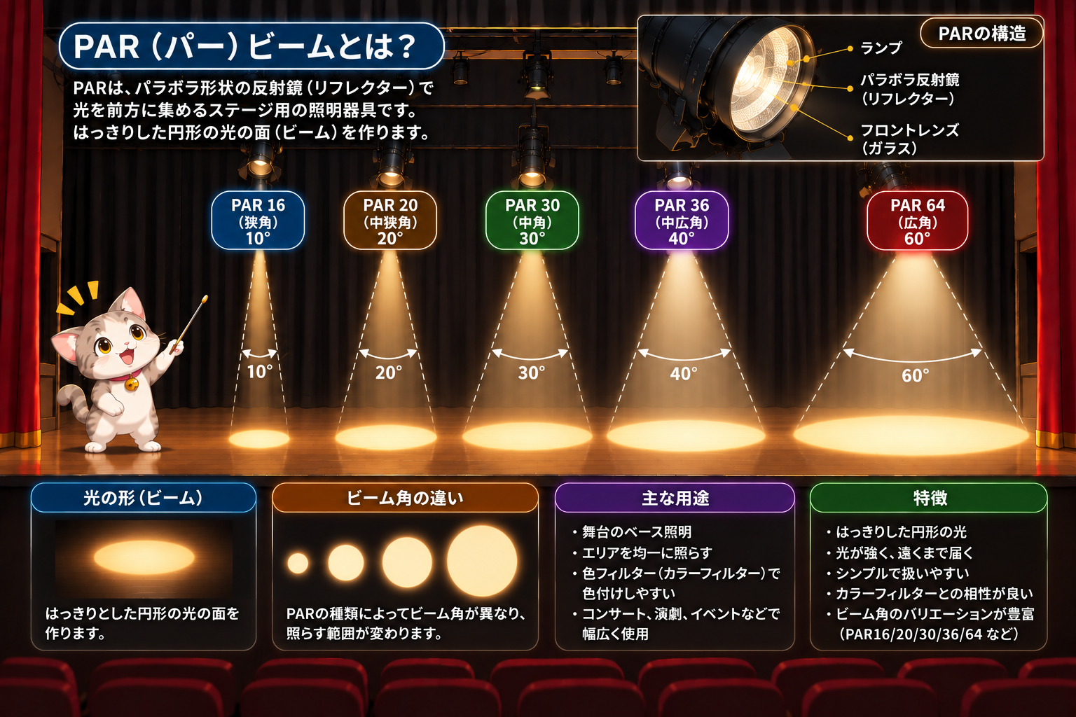 PAR灯体と方向性のある光を示す図