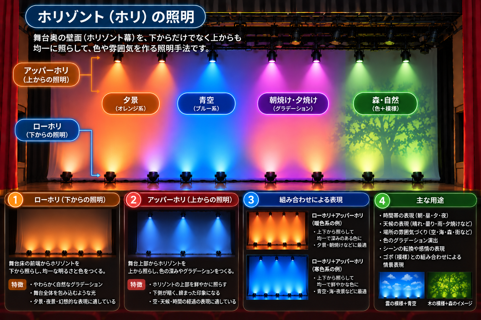 ホリゾントライトで舞台奥の背景を照らす断面図