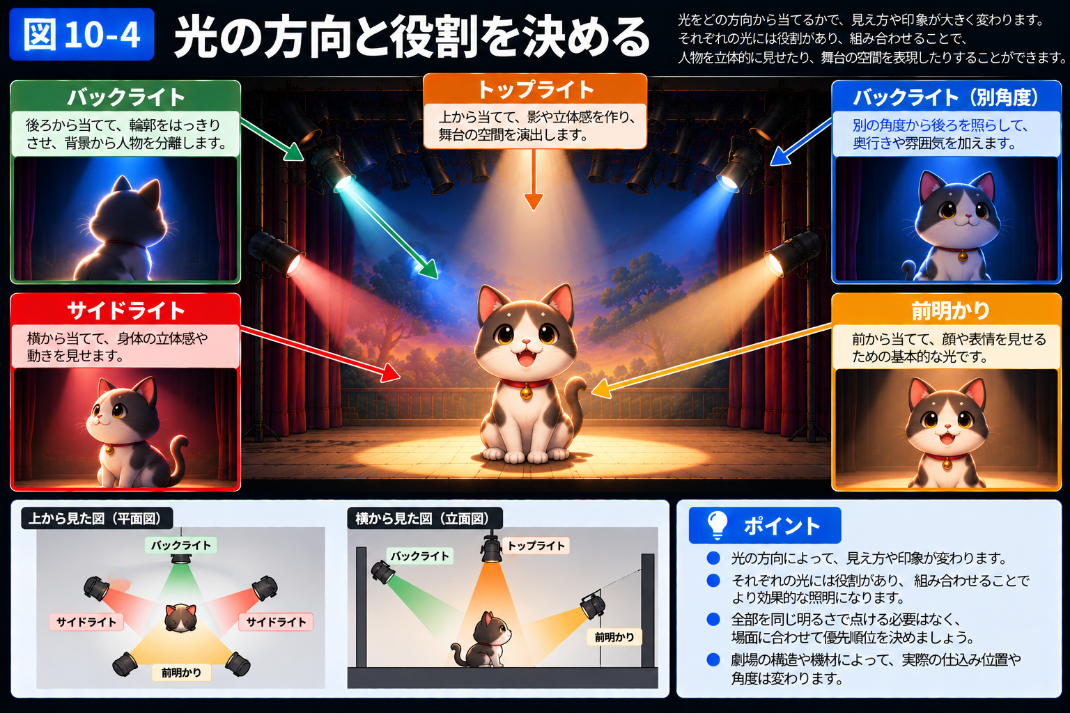 前明かり・サイドライト・バックライト・トップライトの方向と役割を示す図。