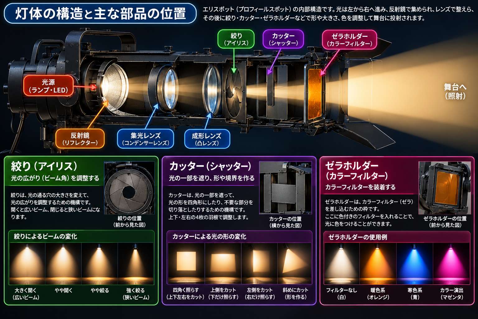 灯体内部の光源、反射鏡、レンズ、絞り、カッター、ゼラホルダーの位置を示す図