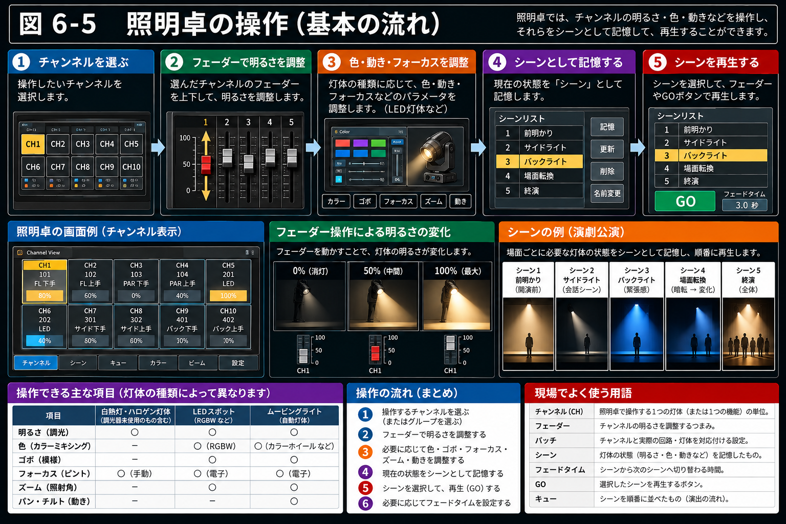 照明卓の基本操作の流れを示す図。チャンネル選択、フェーダー操作、色や動きの調整、シーンの記憶と再生を説明する